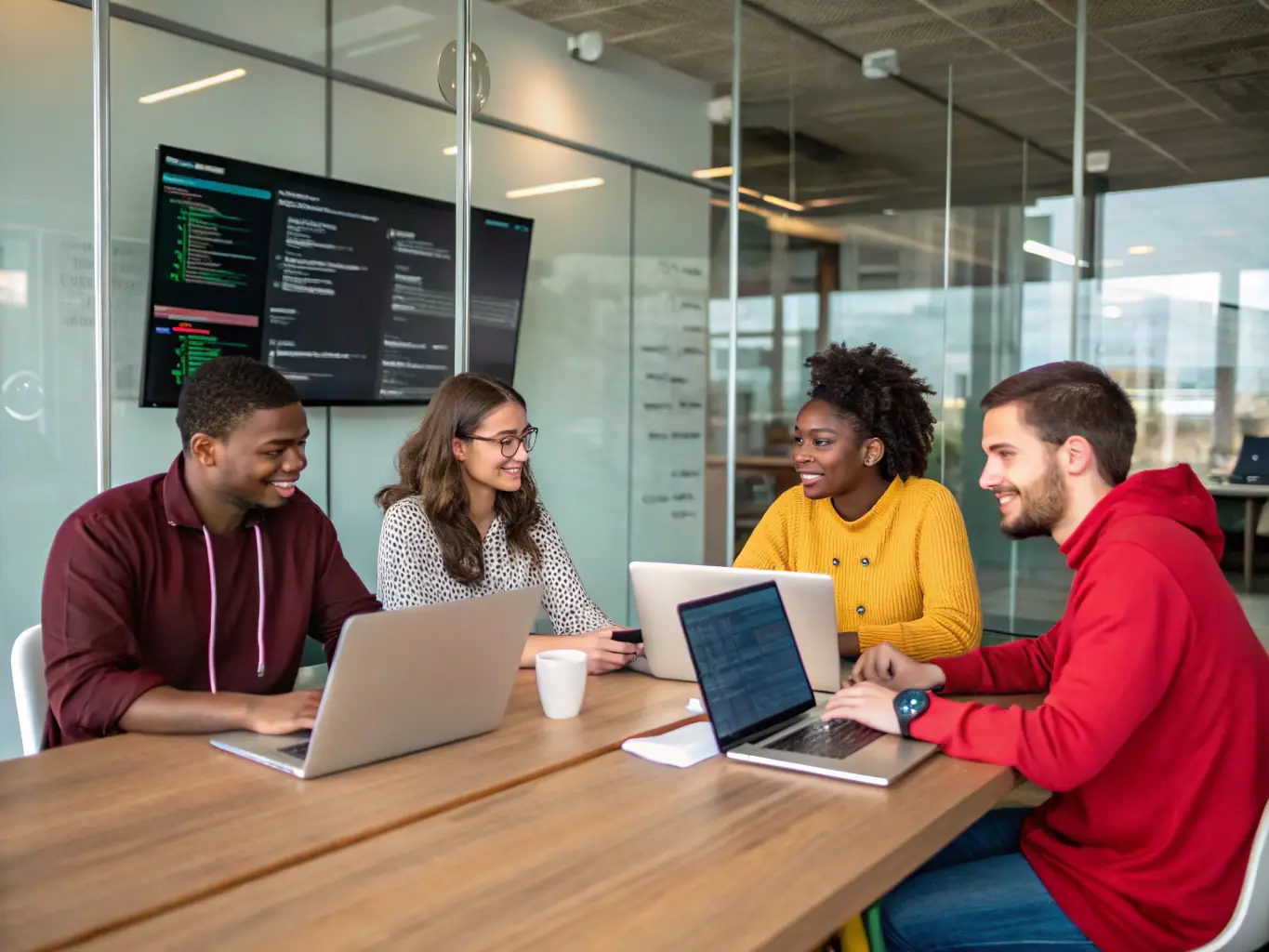 A diverse team of web developers collaborating in a modern office space, brainstorming ideas and writing code on multiple monitors, reflecting HostingHighTech's collaborative and innovative approach to web development.