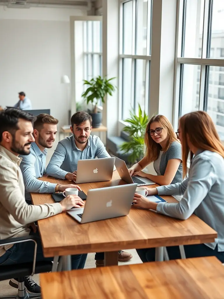 A diverse team of web developers collaborating in a modern office space, reflecting HostingHighTech's collaborative and innovative work environment.